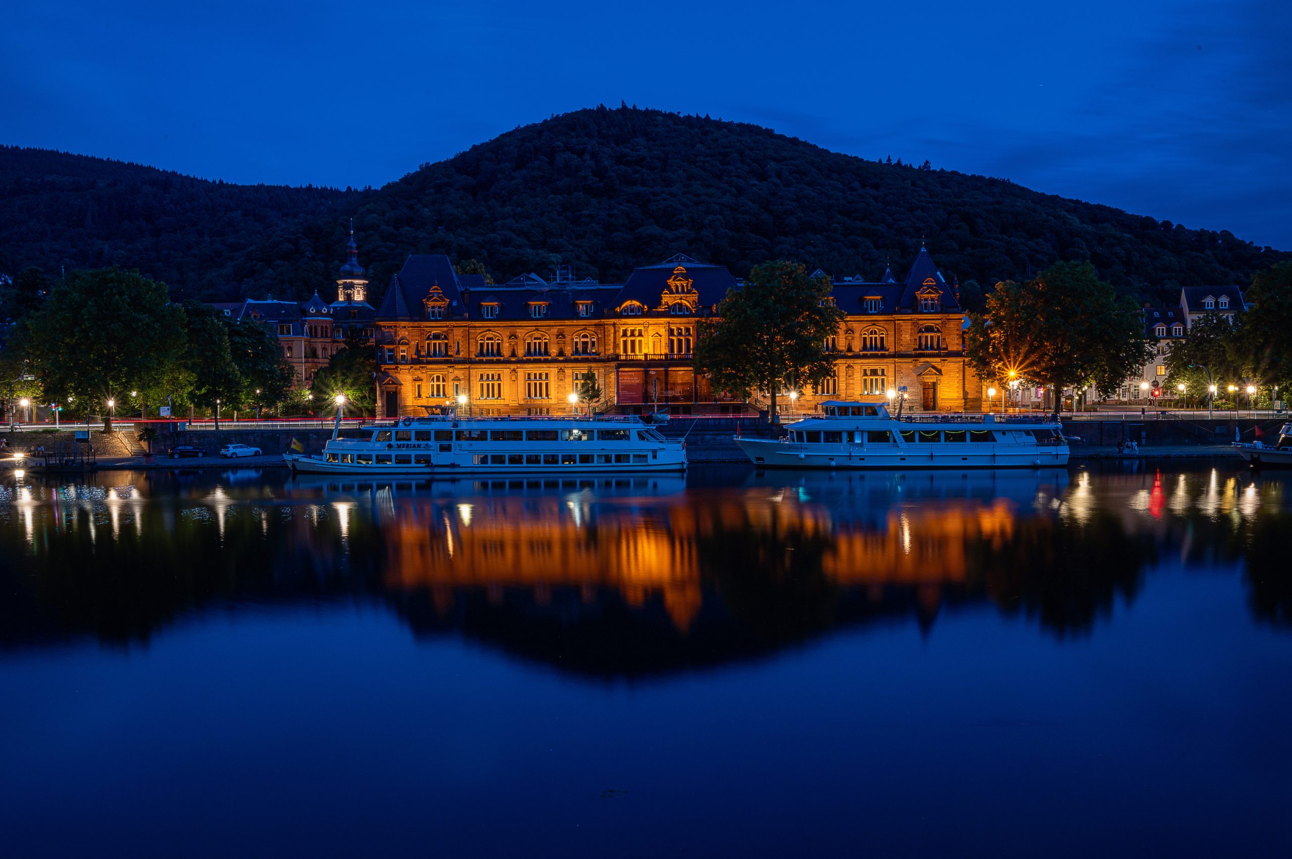a very beautiful city hall and the river Neckar